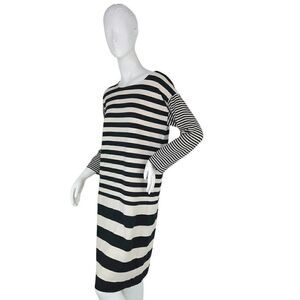 Jaeger Striped Long Sleeves Dress in Navy Blue and Ivory Size Medium